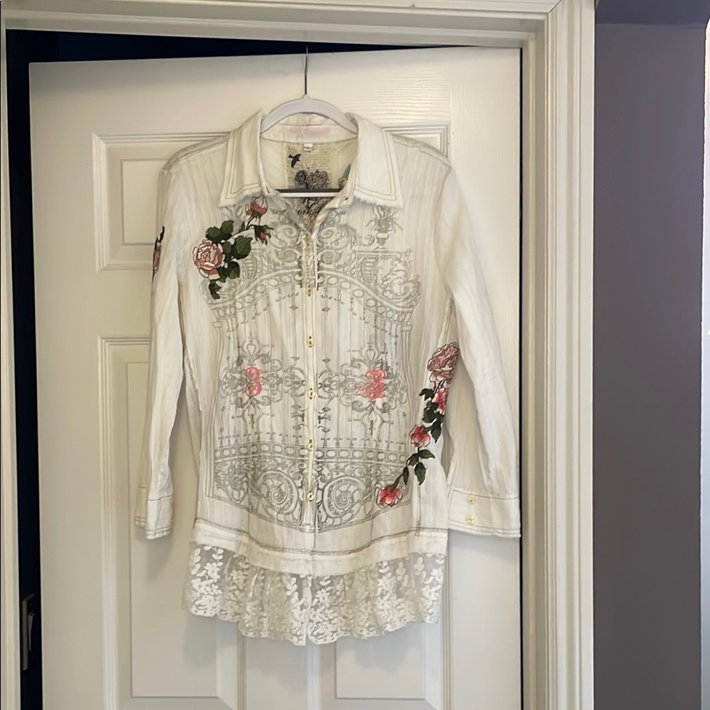 White Embroidered Button-Up Shirt with Floral Design
